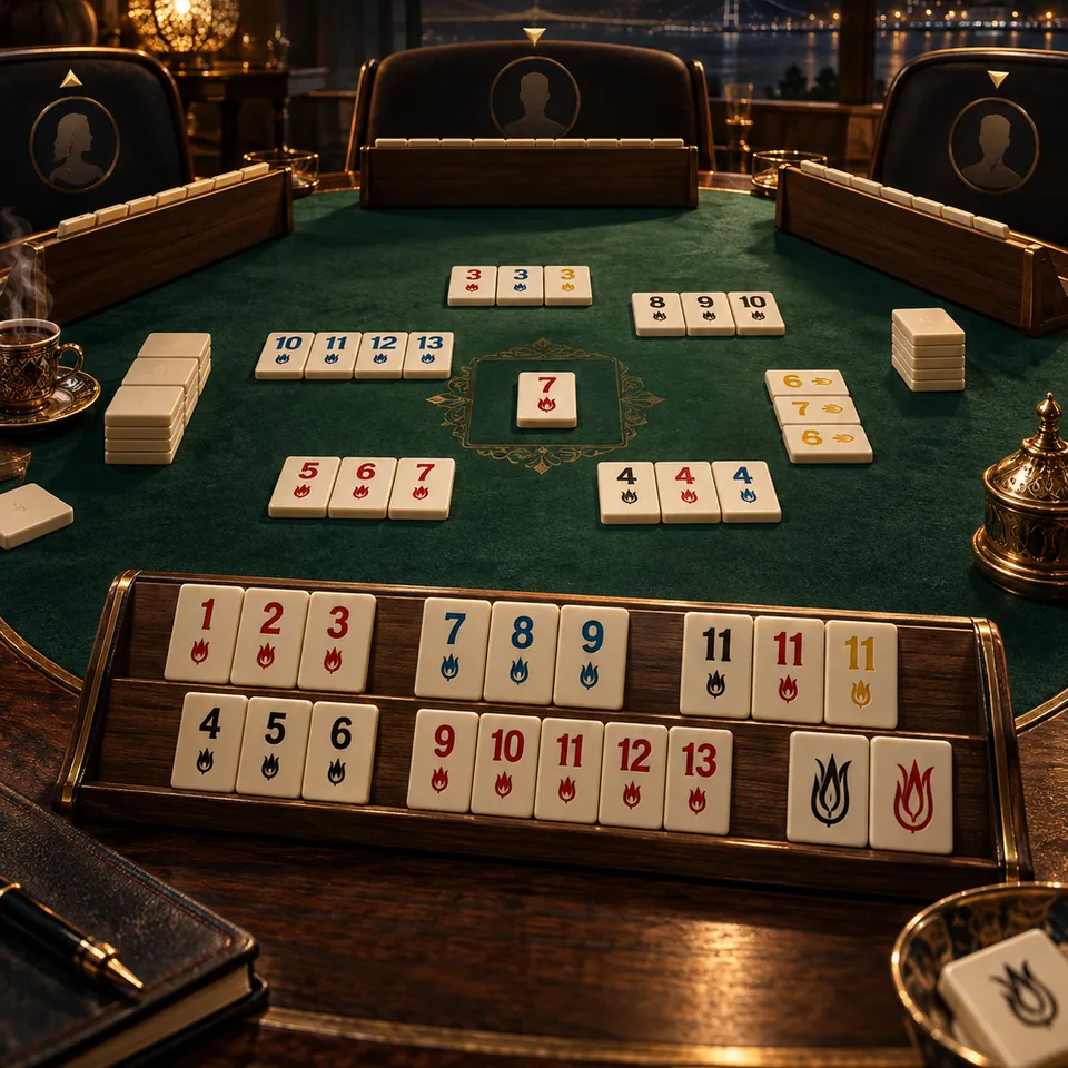 Cinematic dark green Okey table with ivory tiles and warm gold lighting