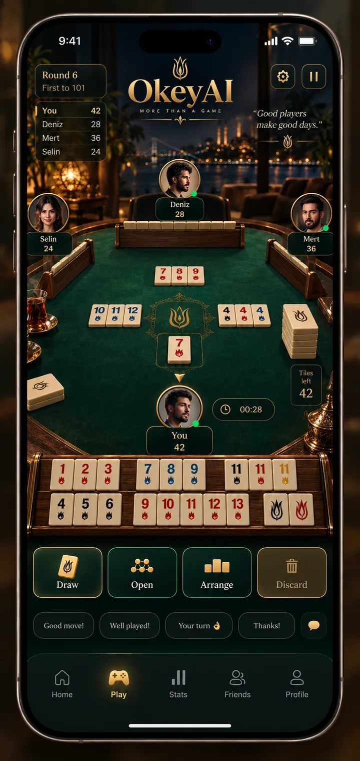 OkeyAI live match interface with Okey table, rack, score and action controls