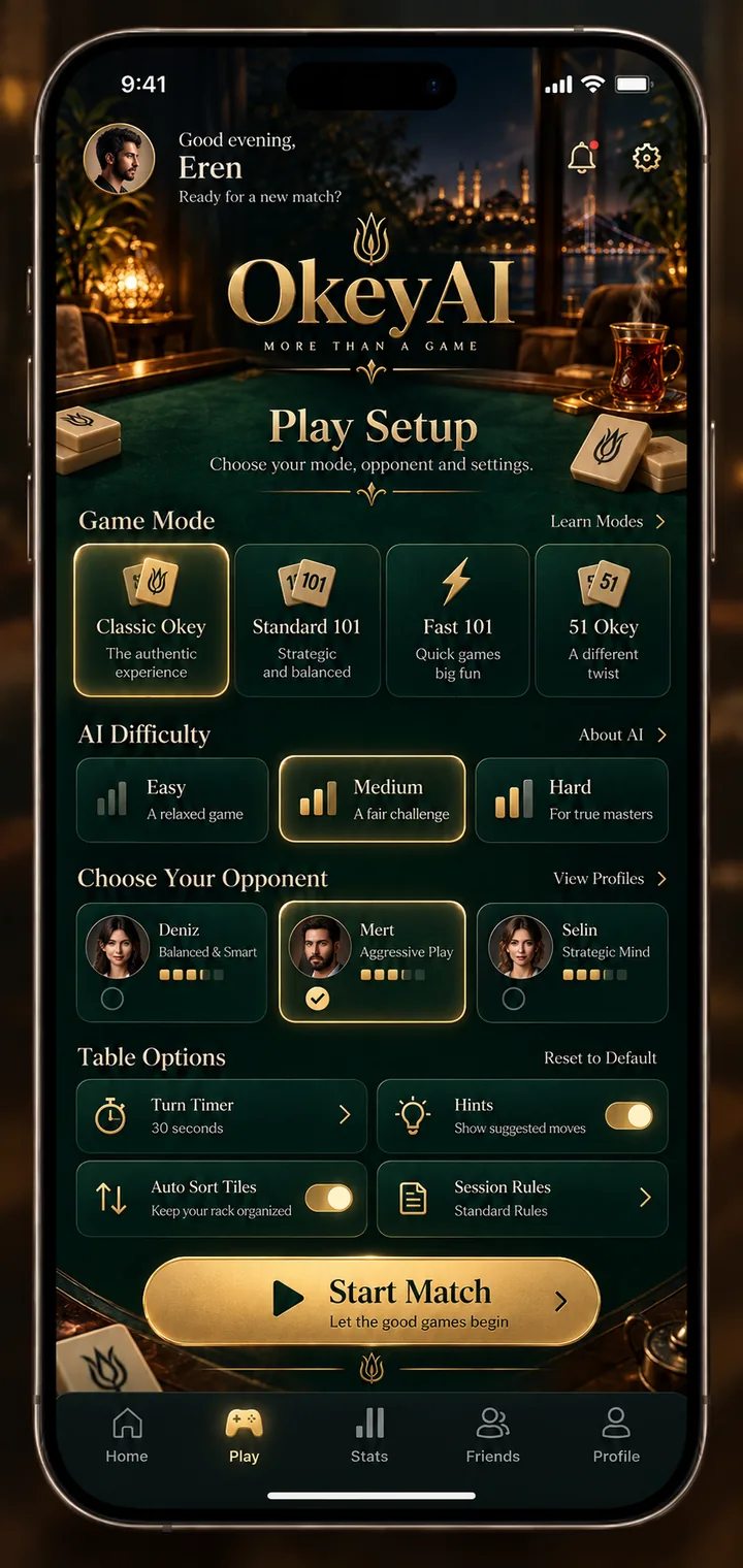 OkeyAI play setup interface with mode, difficulty and table options
